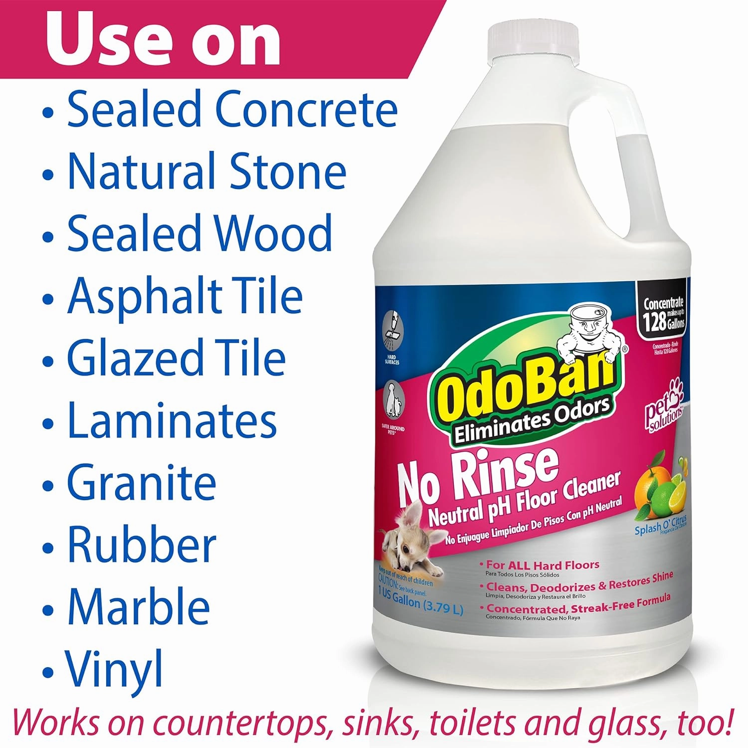 OdoBan Pet Solutions No Rinse Neutral pH Floor Cleaner Concentrate, 2 Gallons, Splash O' Citrus Scent