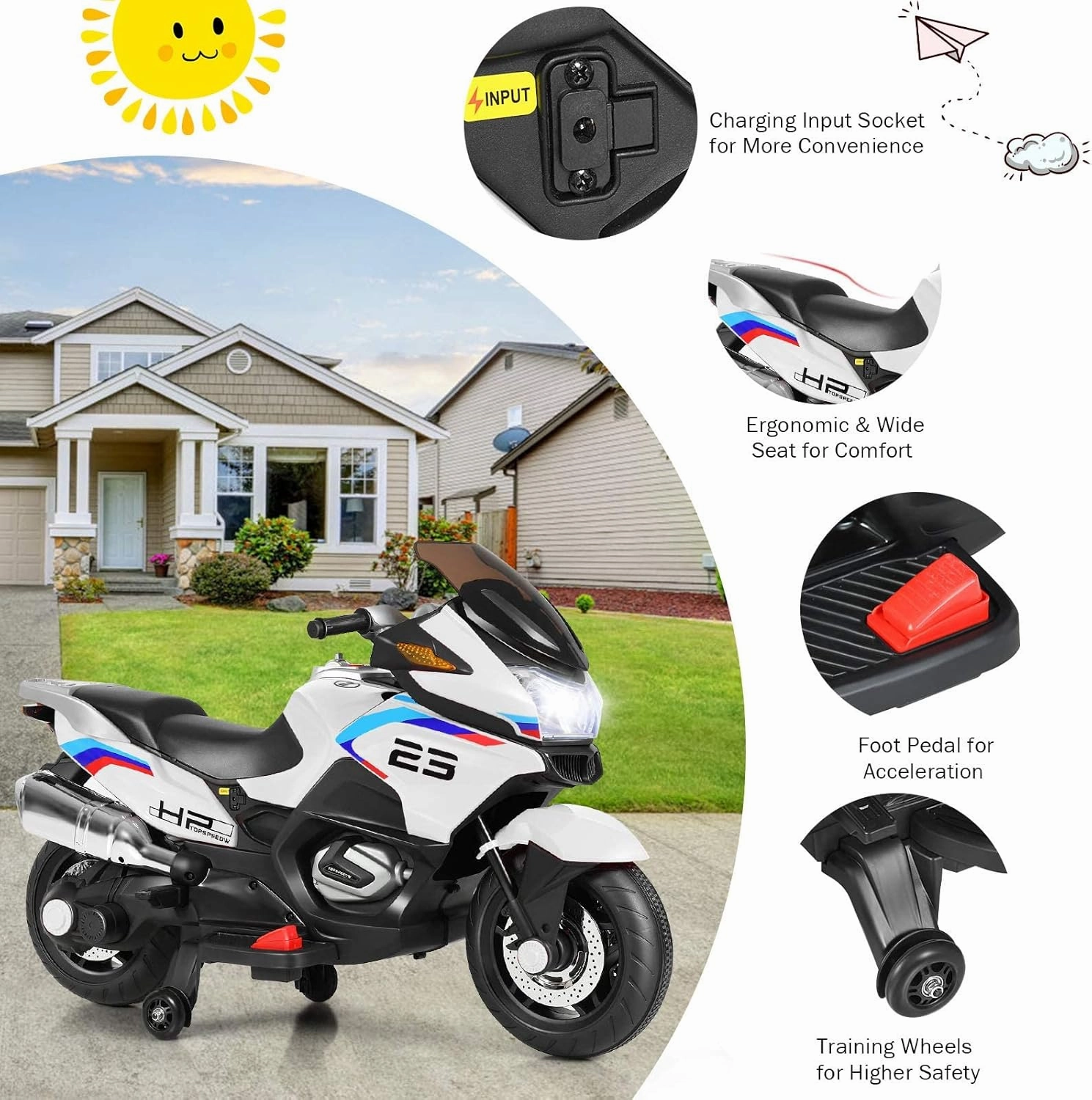 OLAKIDS Kids 12V Ride on Motorcycle, Electric Motor with Music, Foot Pedal, Training Wheel, Bright LED Light, 3 Wheels Battery Powered Tricycle Toy for Toddler Boys Girls with USB, MP3, TF