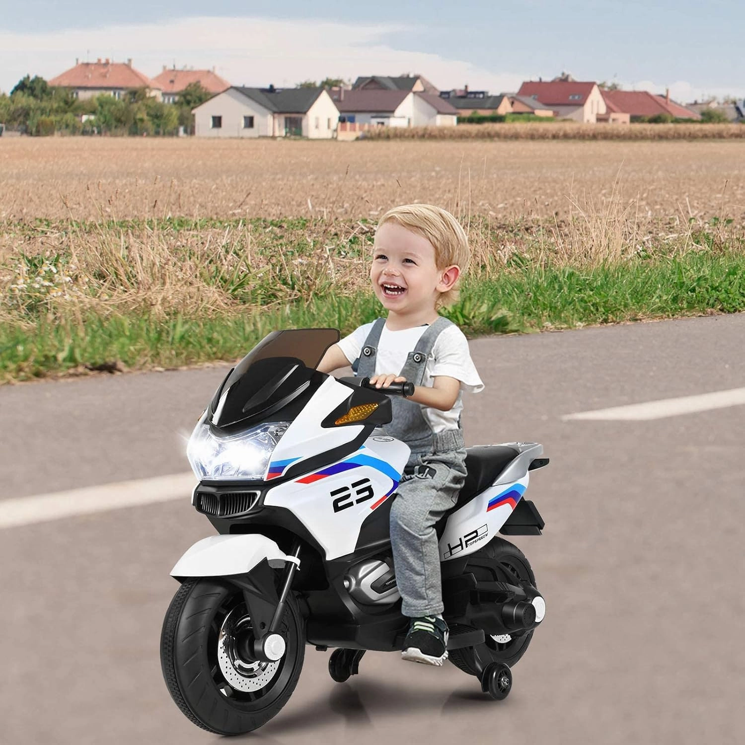OLAKIDS Kids 12V Ride on Motorcycle, Electric Motor with Music, Foot Pedal, Training Wheel, Bright LED Light, 3 Wheels Battery Powered Tricycle Toy for Toddler Boys Girls with USB, MP3, TF