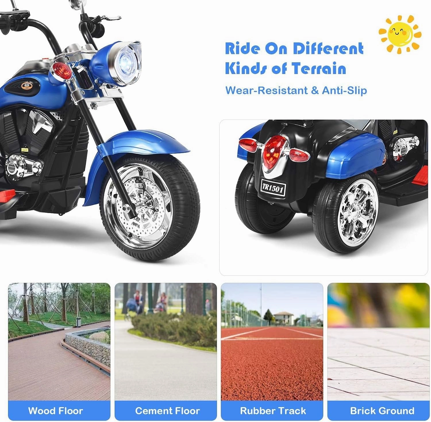 OLAKIDS Kids Electric Motorcycle, 6V Battery Powered Ride on Chopper Motorcycle with Horn, Headlights, 3 Training Wheels Electric Motorcycle for Children (Iron Blue)