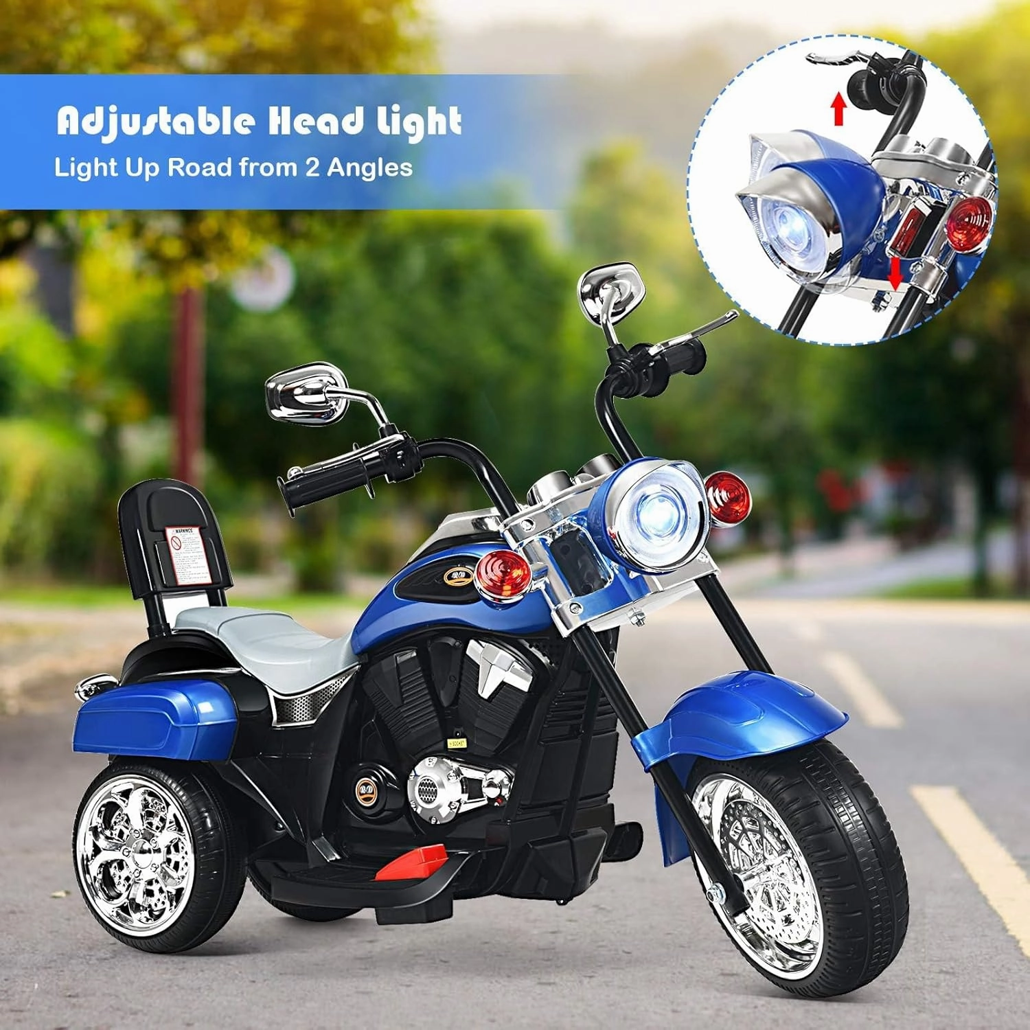 OLAKIDS Kids Electric Motorcycle, 6V Battery Powered Ride on Chopper Motorcycle with Horn, Headlights, 3 Training Wheels Electric Motorcycle for Children (Iron Blue)