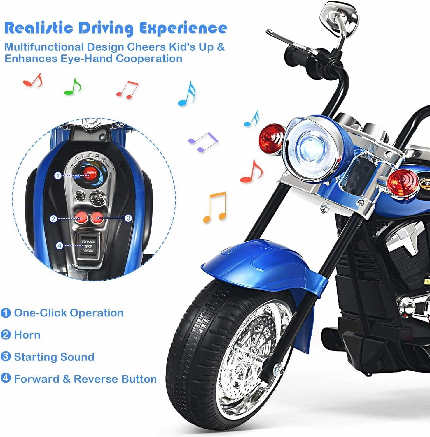 OLAKIDS Kids Electric Motorcycle, 6V Battery Powered Ride on Chopper Motorcycle with Horn, Headlights, 3 Training Wheels Electric Motorcycle for Children (Iron Blue)