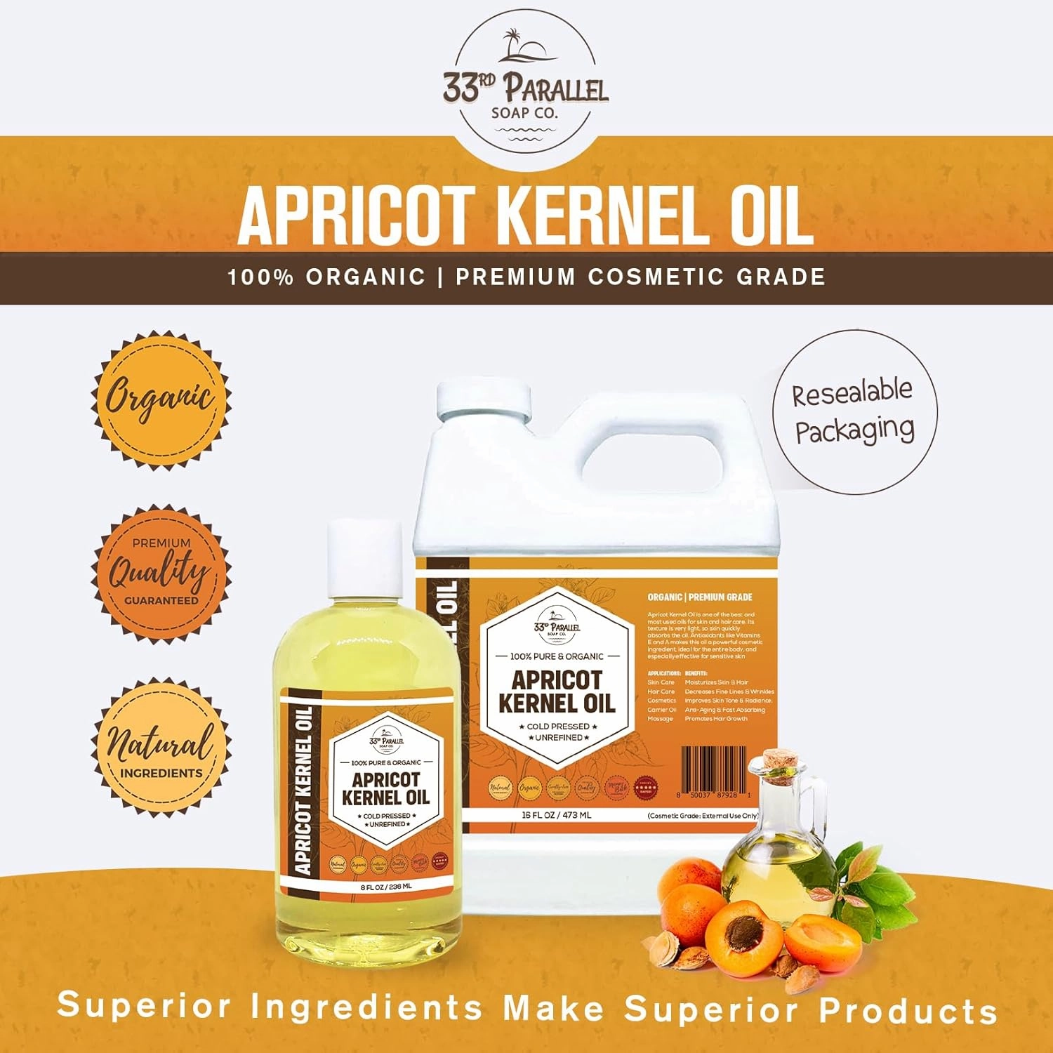 Organic Apricot Kernel Oil (32 Oz) Premium Cold Pressed Unrefined | 100% Pure Apricot Kernel Oil for Skin, Face, Hair, Soap Making, Massage | Carrier for Essential Oils | Available Bulk | 32 FL OZ