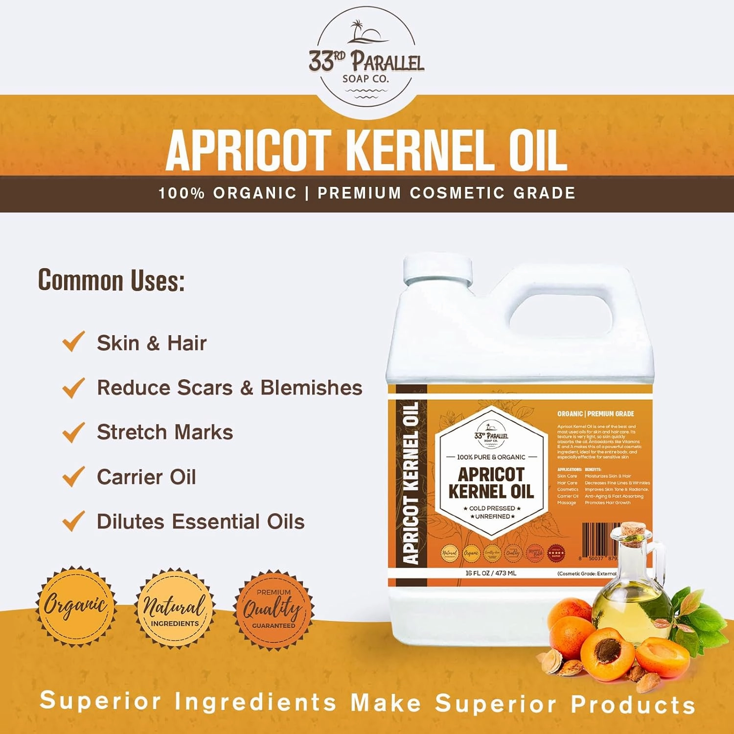 Organic Apricot Kernel Oil (32 Oz) Premium Cold Pressed Unrefined | 100% Pure Apricot Kernel Oil for Skin, Face, Hair, Soap Making, Massage | Carrier for Essential Oils | Available Bulk | 32 FL OZ