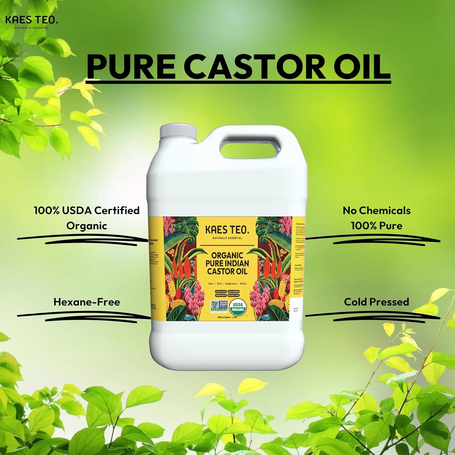 Organic Castor Oil 1 Gallon (128 fl oz) Bulk, 100% Pure Cold-Pressed, Hexane Free, Eyelash, Eyebrow & Hair Growth Serum, Skin Moisturizer, Massage, Hair Loss, Dandruff, Detox and Wraps