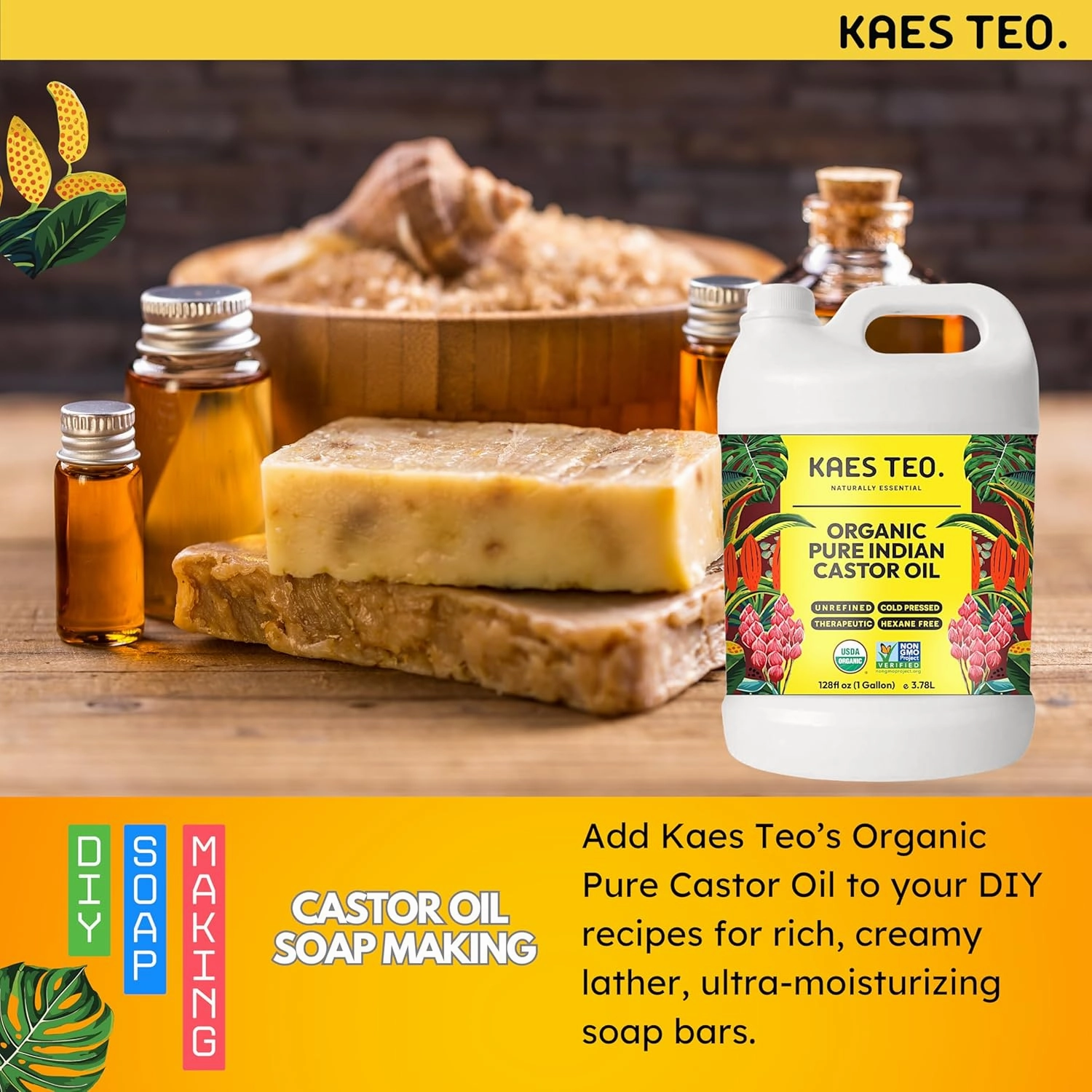 Organic Castor Oil 1 Gallon (128 fl oz) Bulk, 100% Pure Cold-Pressed, Hexane Free, Eyelash, Eyebrow & Hair Growth Serum, Skin Moisturizer, Massage, Hair Loss, Dandruff, Detox and Wraps