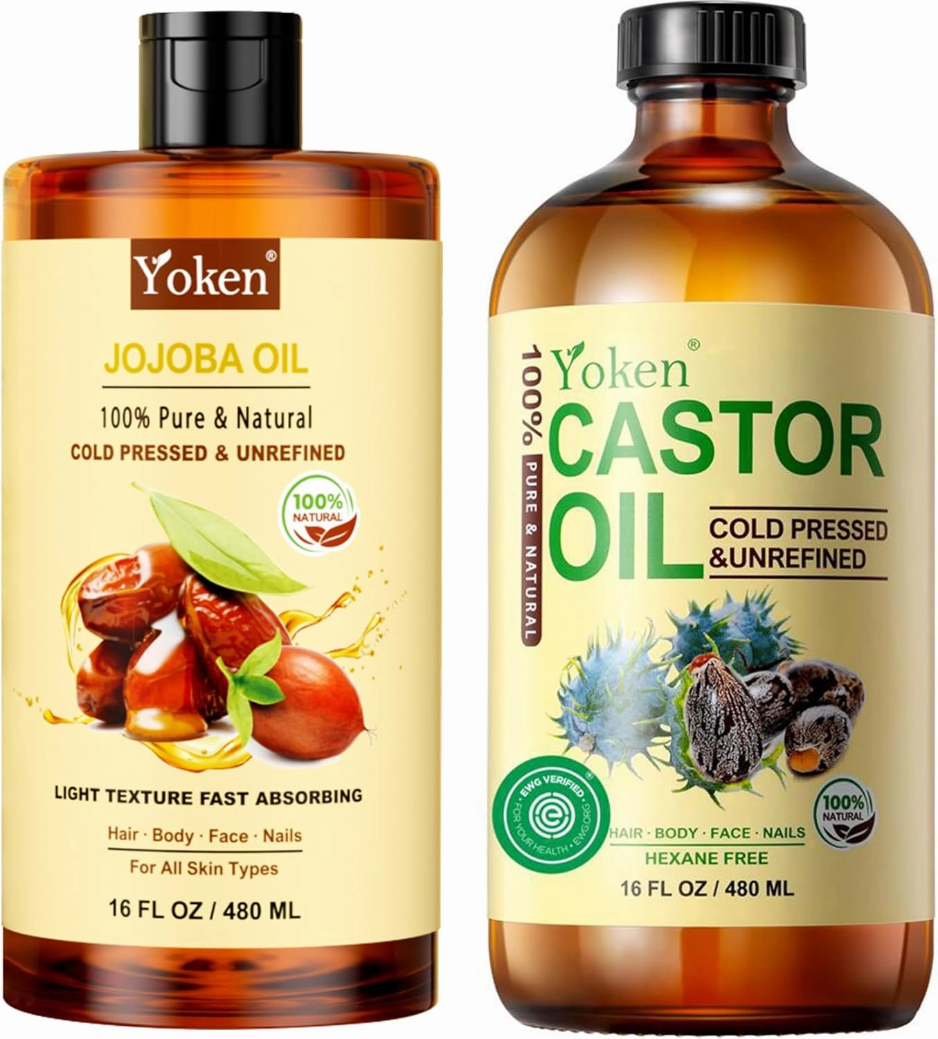 Organic Castor Oil & Jojoba Oil Set: 16oz Each, 100% Pure & Natural, EWG Verified, Cold Pressed - Best Carrier, Hydrating & Nourishing Facial & Hair Oil