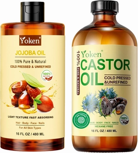 Organic Castor Oil & Jojoba Oil Set: 16oz Each, 100% Pure & Natural, EWG Verified, Cold Pressed - Best Carrier, Hydrating & Nourishing Facial & Hair Oil
