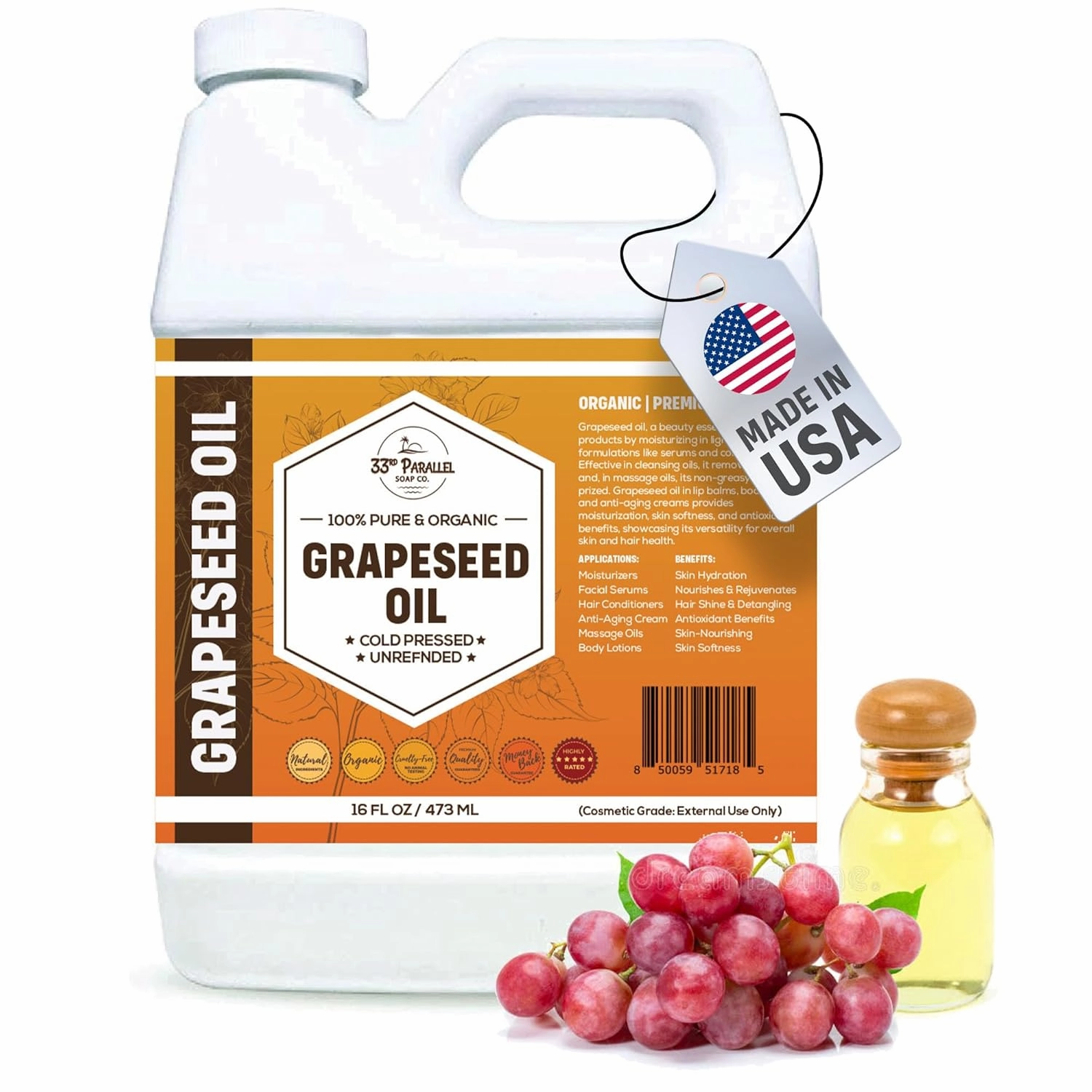 ORGANIC GRAPESEED OIL (16 oz) Cold Pressed Unrefined | 100% Pure Natural, Non-GMO | Available in Bulk | Skin, Hair, Face, Carrier for Essential Oils, Soap Making | 16 FL OZ