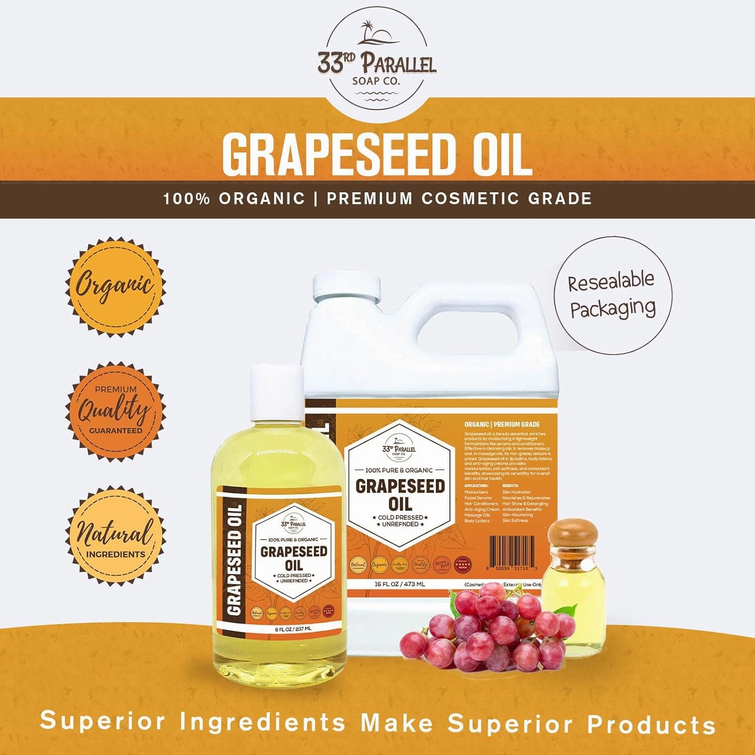 ORGANIC GRAPESEED OIL (16 oz) Cold Pressed Unrefined | 100% Pure Natural, Non-GMO | Available in Bulk | Skin, Hair, Face, Carrier for Essential Oils, Soap Making | 16 FL OZ