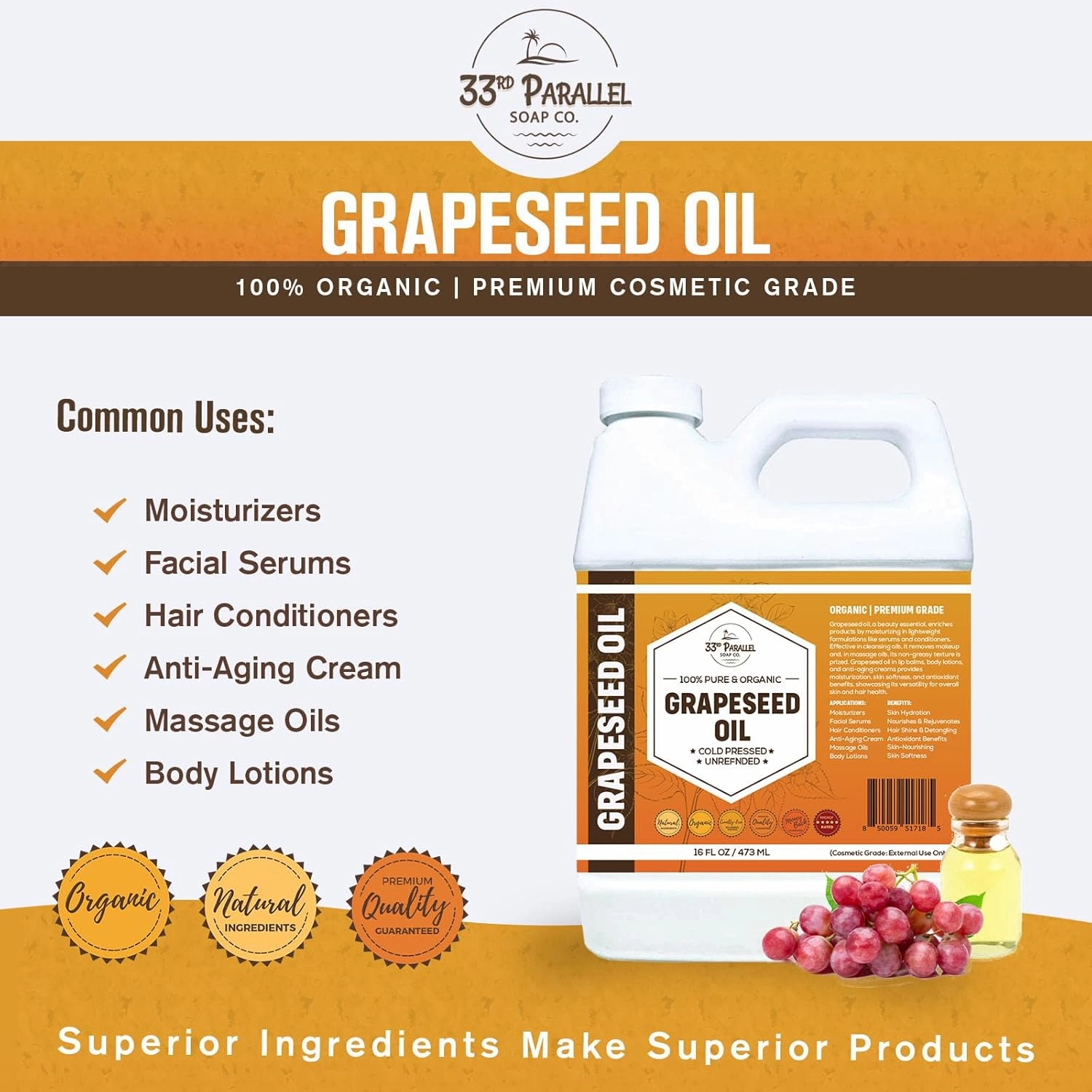 ORGANIC GRAPESEED OIL (16 oz) Cold Pressed Unrefined | 100% Pure Natural, Non-GMO | Available in Bulk | Skin, Hair, Face, Carrier for Essential Oils, Soap Making | 16 FL OZ