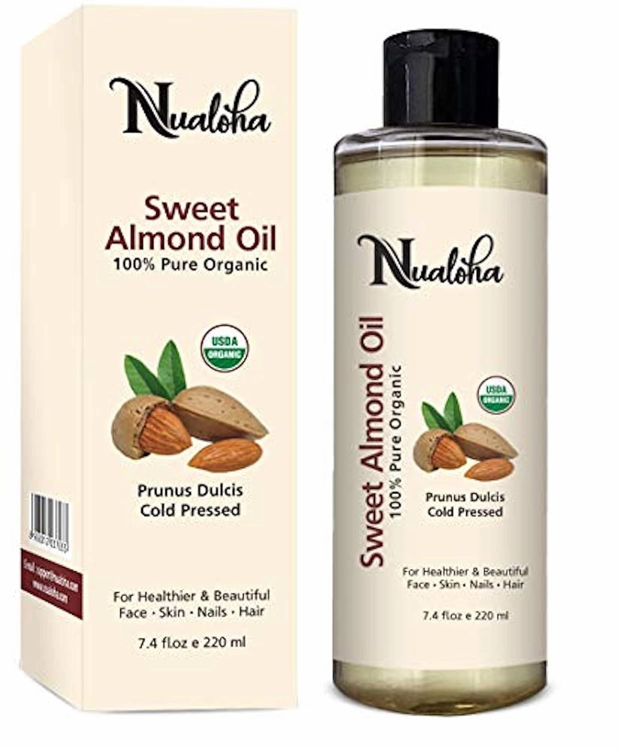 Organic Sweet Almond Oil 220 ML, USDA Organic Pure Cold Pressed Almond Carrier Oil For Face, Skin, Hair and Body