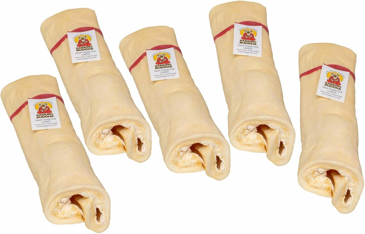Original Beef Cheek Rolls | Super Thick | All Natural Rawhide Alternative No Hide Premium Dog Chew Sticks | Natural Beef | Large 10-12 Inch (5 Pack)