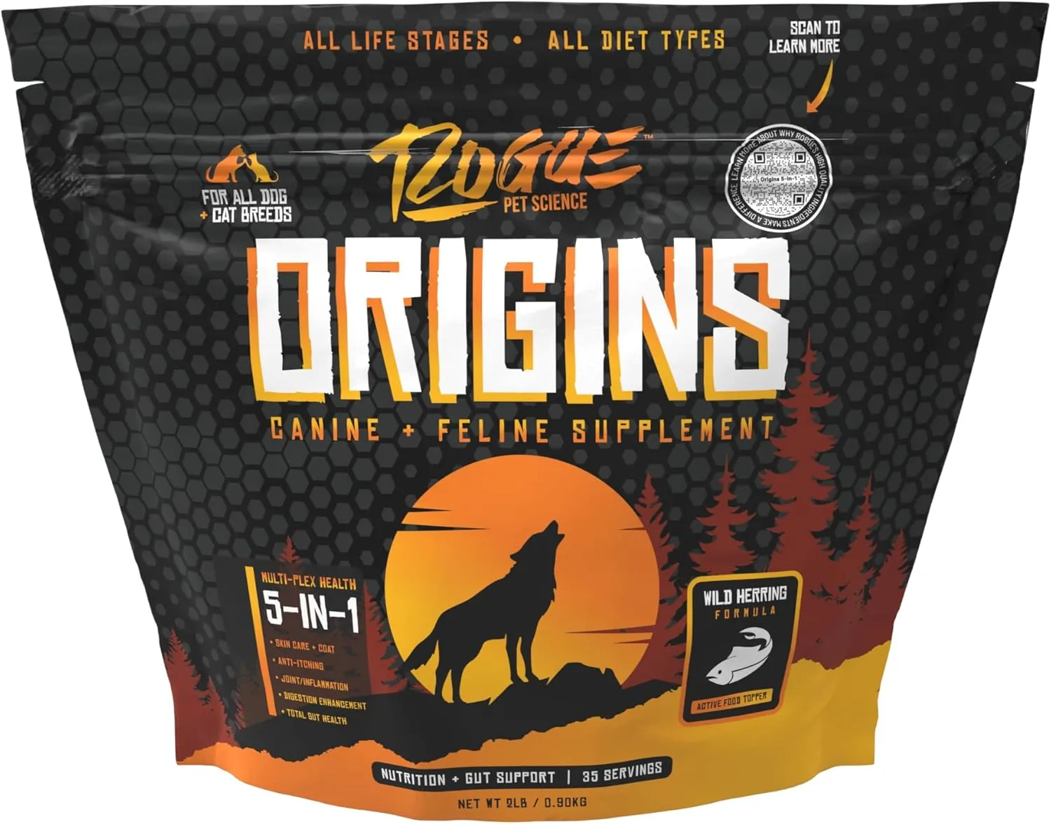 Origins 5-in-1 Dog Supplement - Powdered Food Topper w/Natural Omega 3 Fish Oil - Supports Healthy Digestion, Skin, and Coat - Helps Reduce Itching & Joint Inflammation (2 lbs)