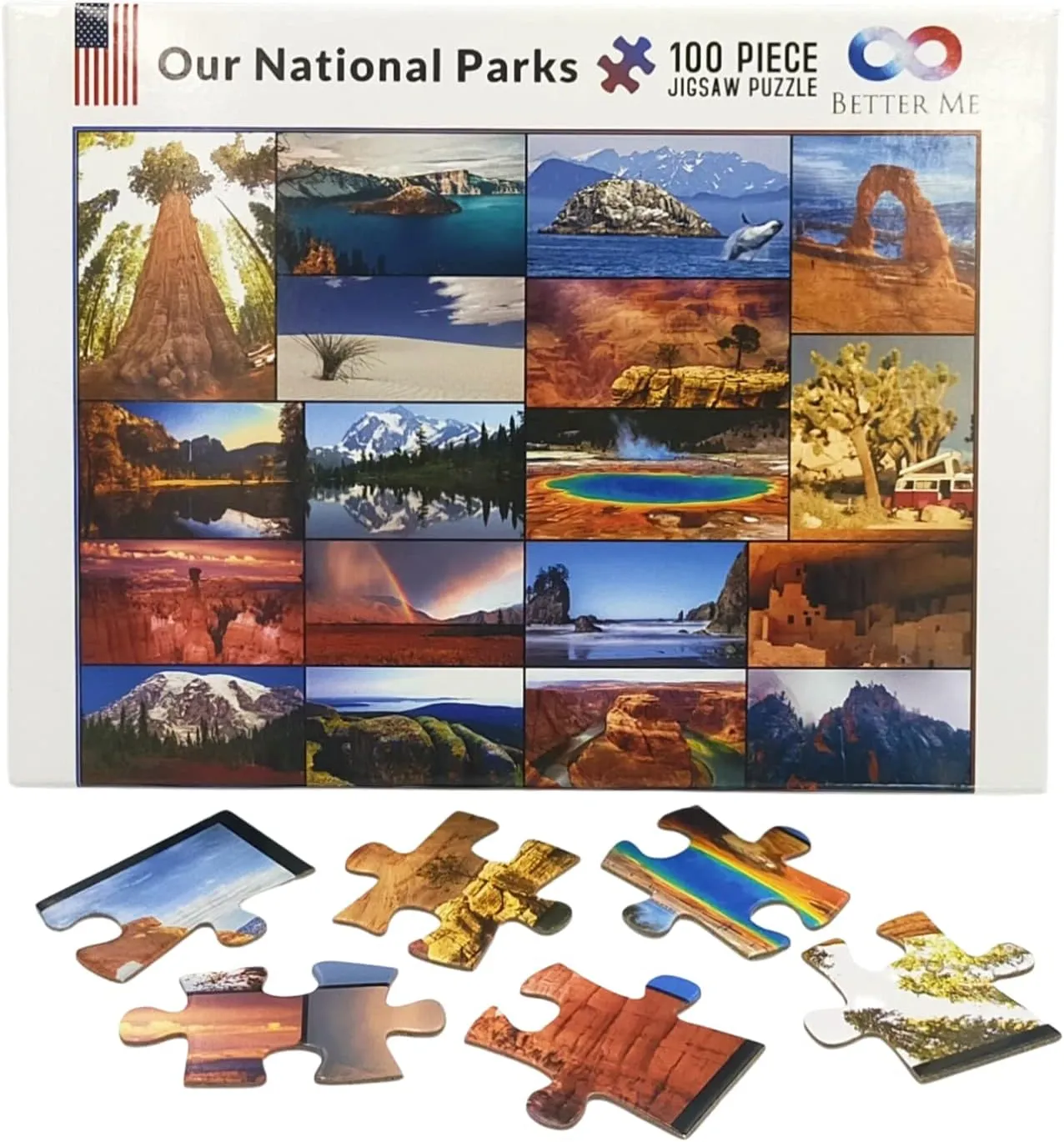 Our National Parks 100-Piece Jigsaw Puzzle - USA National Park Puzzles for Kids, Featuring Acadia, Yellowstone, Zion, Arches, Crater Lake, Mount Rainier & More (100 Pieces)
