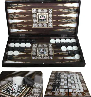 Park Oz Pearl Premium Turkish Backgammon and Chess Set 19 Inch Handmade 2 in 1 Wooden Board Game with Glossy Finish Luxury Checkers and Dice Travel Friendly and Foldable
