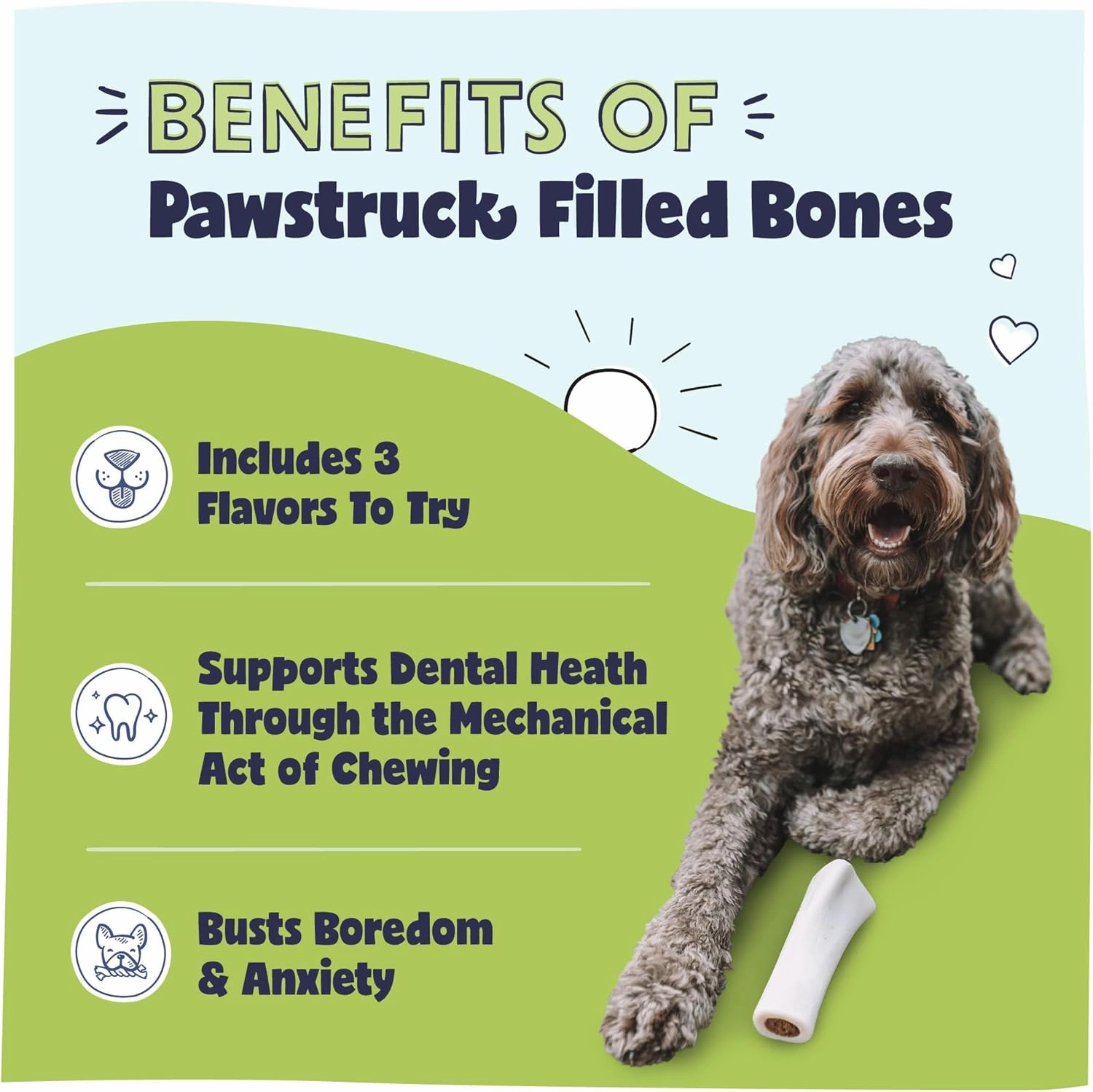 Pawstruck Large 5-6” Filled Dog Bones Variety Pack - Peanut Butter, Cheese & Bacon, Beef Flavors - Made in USA, Long Lasting Stuffed Femur Treat for Aggressive Chewers - Pack of 3, Packaging May Vary