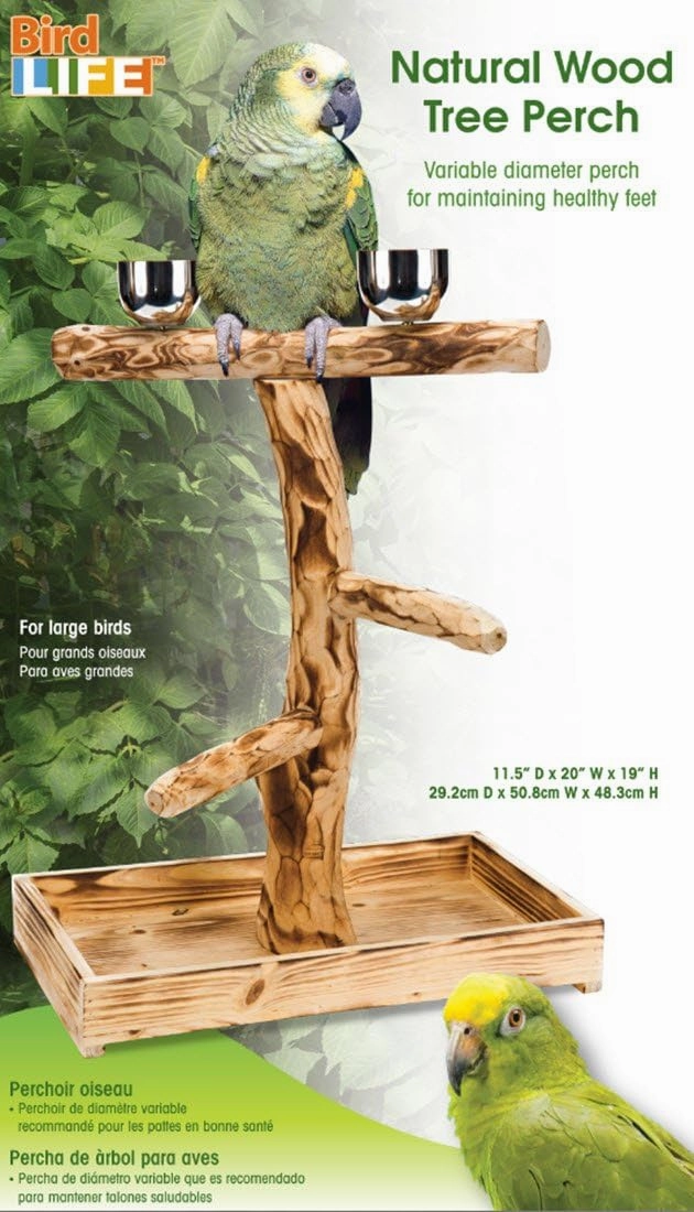 PENN-PLAX Bird-Life Natural Wood Tree Perch for Large Birds and Parrots – Includes Food and Water Bowls and Drop Tray – Large
