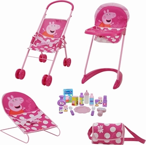 Peppa Pig: 19 Piece Doll Sleep N' Play Set - Pink & White Dots Travel, Feed, Includes Half Folding Stroller, Bouncer, Highchair, Matching Diaper/Handbag, for Kids Ages 3 