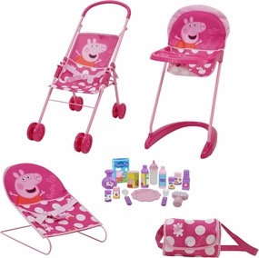 Peppa Pig: 19 Piece Doll Sleep N' Play Set - Pink & White Dots Travel, Feed, Includes Half Folding Stroller, Bouncer, Highchair, Matching Diaper/Handbag, for Kids Ages 3 