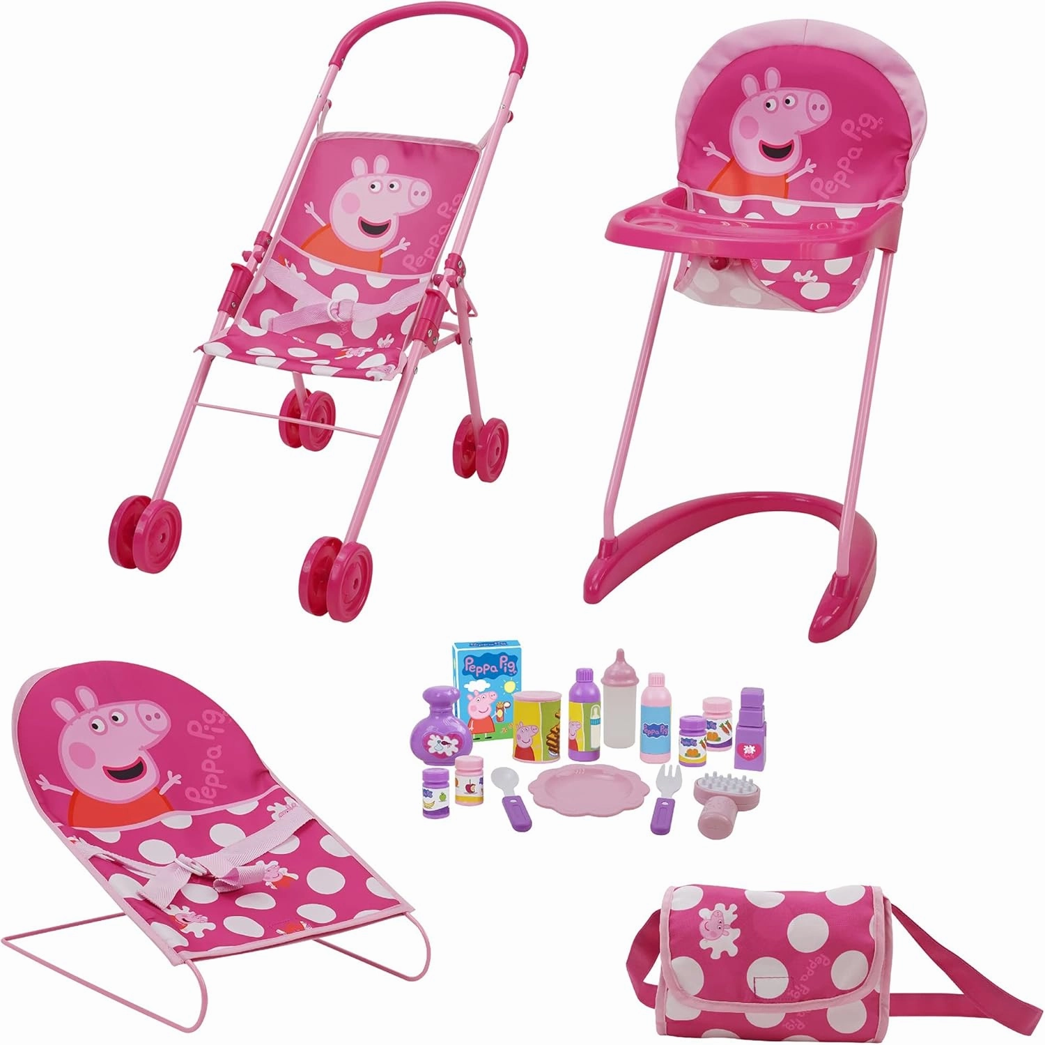 Peppa Pig: 19 Piece Doll Sleep N' Play Set - Pink & White Dots Travel, Feed, Includes Half Folding Stroller, Bouncer, Highchair, Matching Diaper/Handbag, for Kids Ages 3 