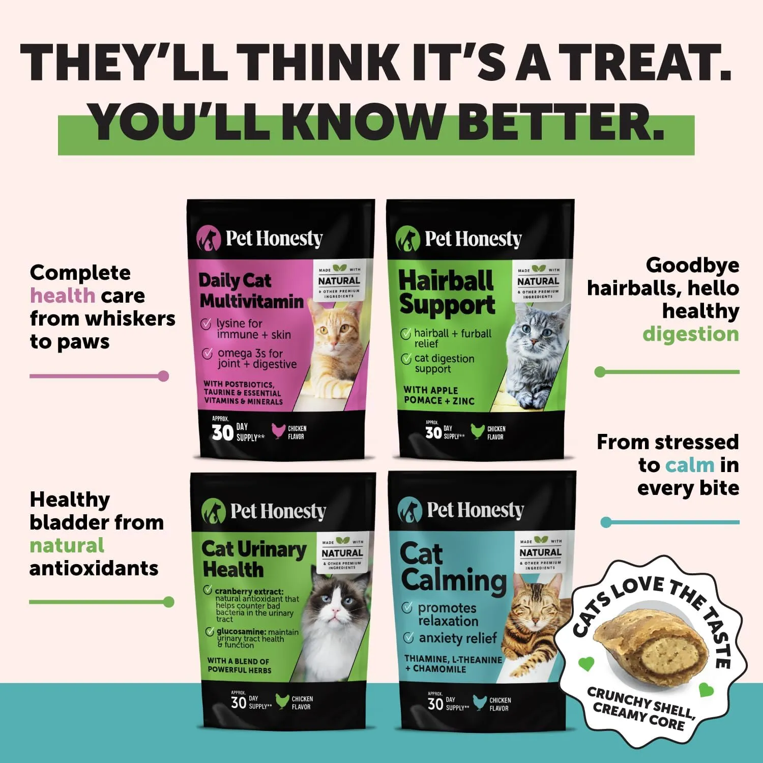 Pet Honesty Cat Hairball Support Crunchy & Creamy Chews, Hairball Remedy Cat Treats, Furball Treatment, Supports Skin & Coat, Digestion, Vitamins & Hairball Medicine, Chicken (90-Day Supply)