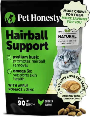 Pet Honesty Cat Hairball Support Crunchy & Creamy Chews, Hairball Remedy Cat Treats, Furball Treatment, Supports Skin & Coat, Digestion, Vitamins & Hairball Medicine, Chicken (90-Day Supply)