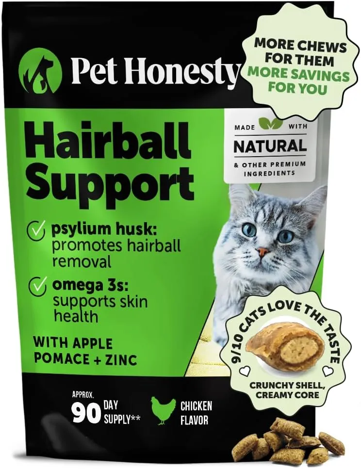 Pet Honesty Cat Hairball Support Crunchy & Creamy Chews, Hairball Remedy Cat Treats, Furball Treatment, Supports Skin & Coat, Digestion, Vitamins & Hairball Medicine, Chicken (90-Day Supply)