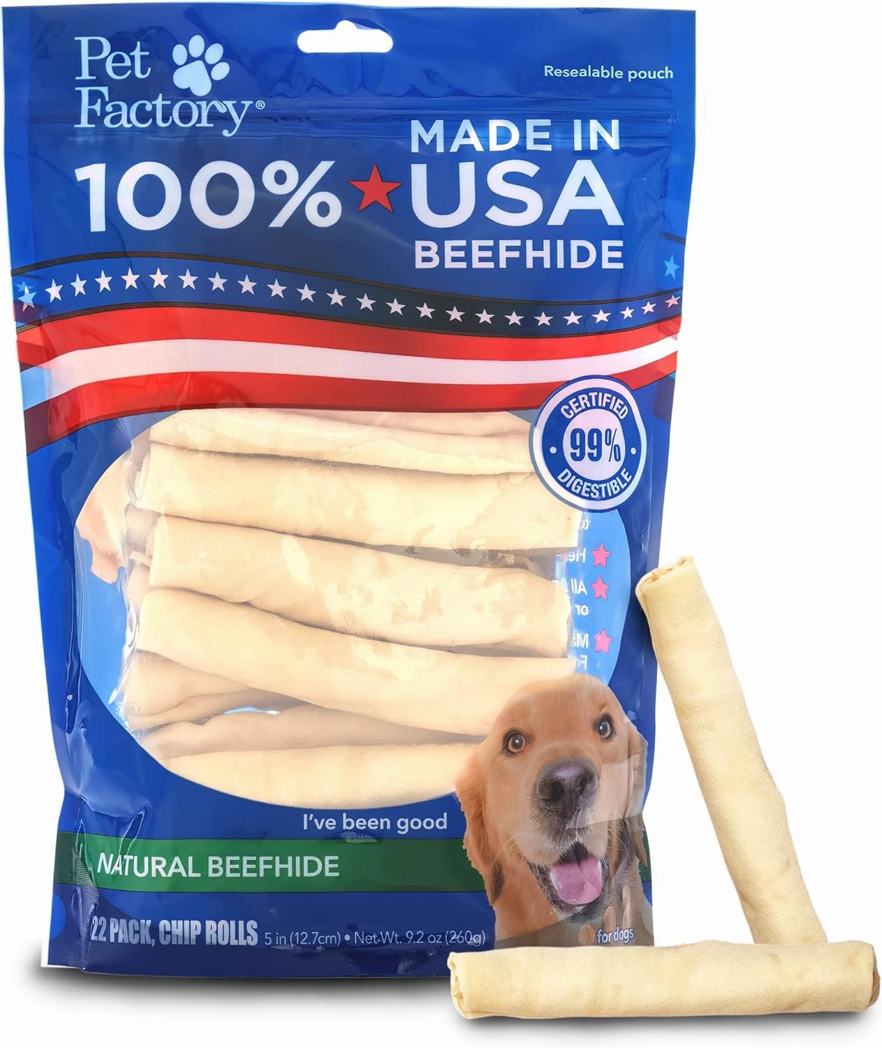 Pet Factory 100% Made in USA Beefhide 5" Chip Rolls Dog Chew Treats - Natural Flavor, 22 Count/1 Pack