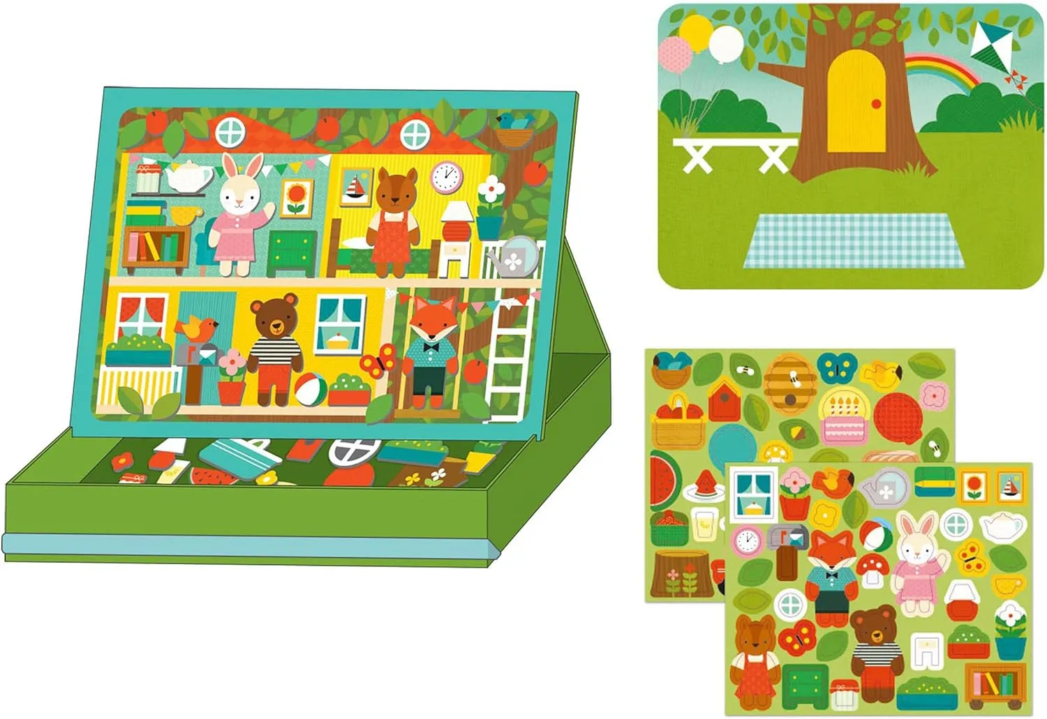 Petit Collage: Animal Friends Magnetic Game Board with Mix & Match, Ideal for Ages 3 , Includes Mag Play Scene Treehouse Party, 74 Count