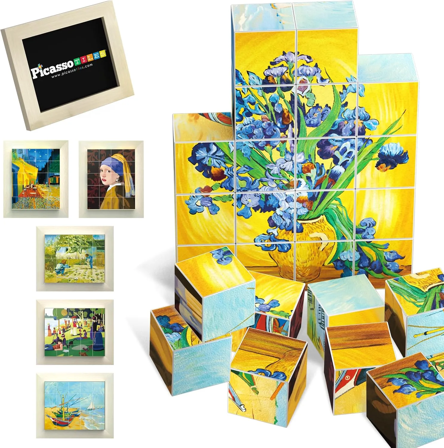 PicassoTiles 1” Magnetic Puzzle Building Cubes Blocks of Popular World Famous Art Paintings with Free Frame, Educational STEAM Toys for 3  Year Old Boys Girls Toddlers Or Preschool Age Children PMC21