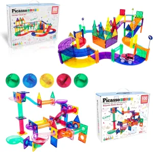 PicassoTiles 100PC Marble Run   80PC Magnetic Race Car Track Fun & Creative Playset: STEAM Learning, Enhance Construction Skills, Hand-Eye Coordination and Fine Motor Skills, Gift for Boys and Girls