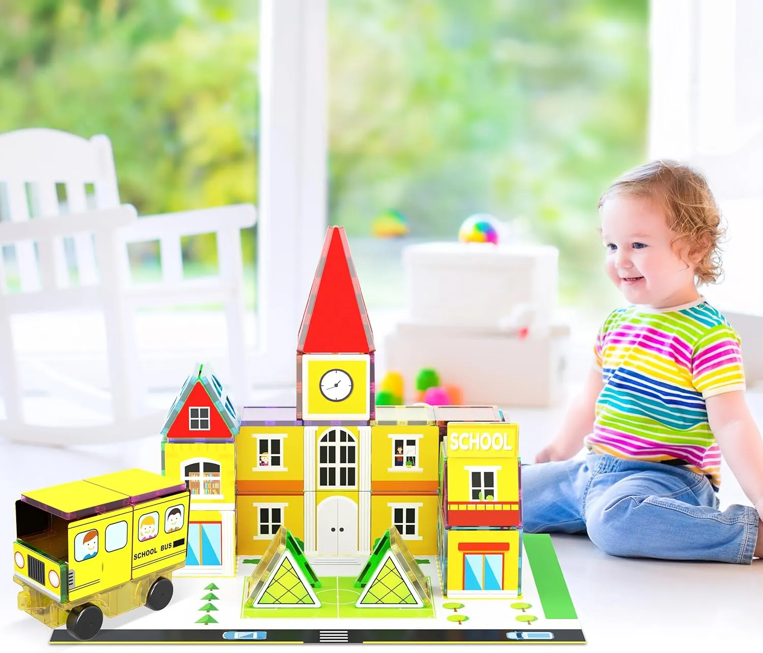PicassoTiles 3-in-1 Theme Set School Hospital Police Station Magnet Self Adhesive Backing Stick-On Sheet Combo w/Car Magnet Building Block Playset STEM Learning Construction Brain Development Kit