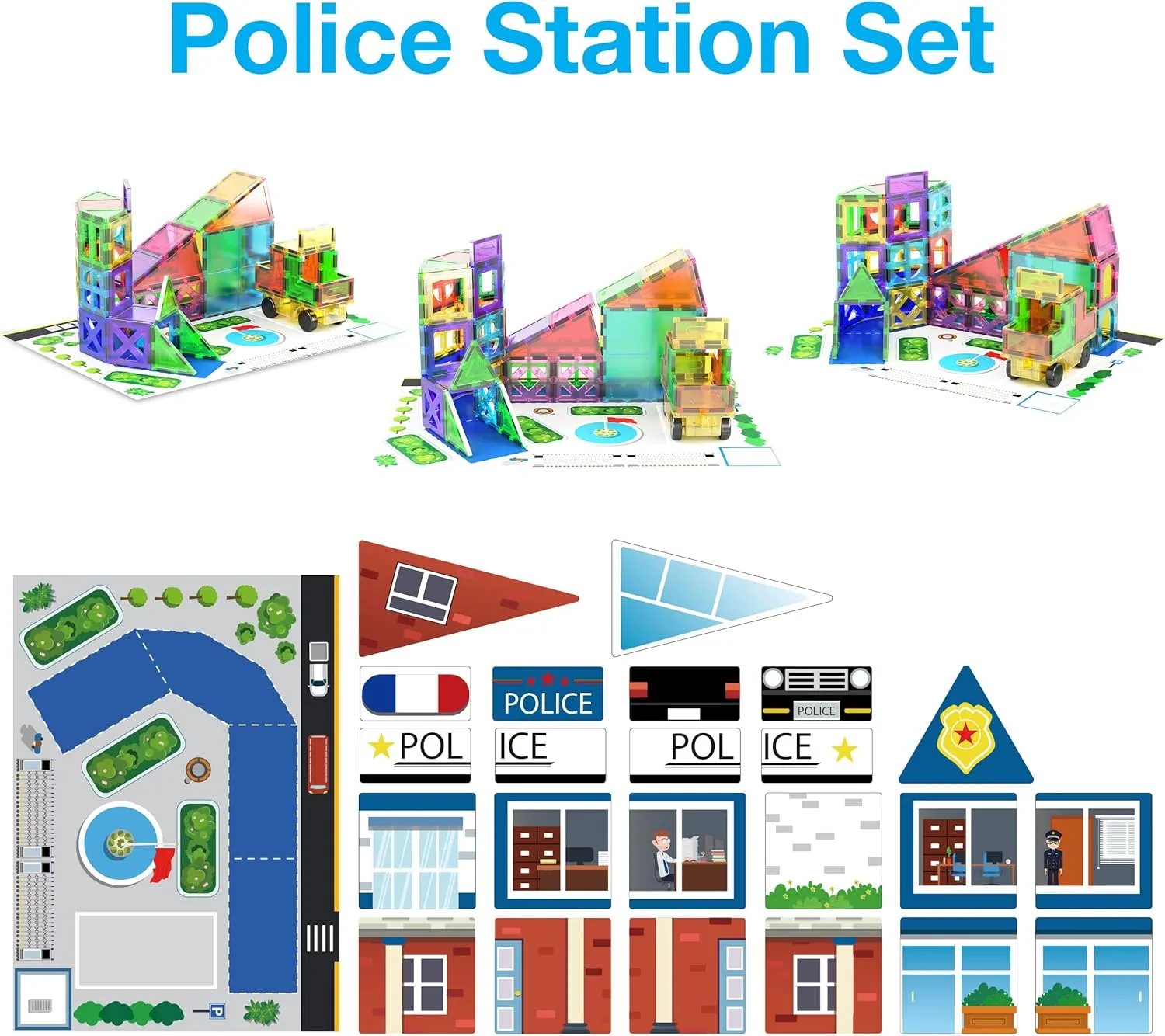 PicassoTiles 3-in-1 Theme Set School Hospital Police Station Magnet Self Adhesive Backing Stick-On Sheet Combo w/Car Magnet Building Block Playset STEM Learning Construction Brain Development Kit