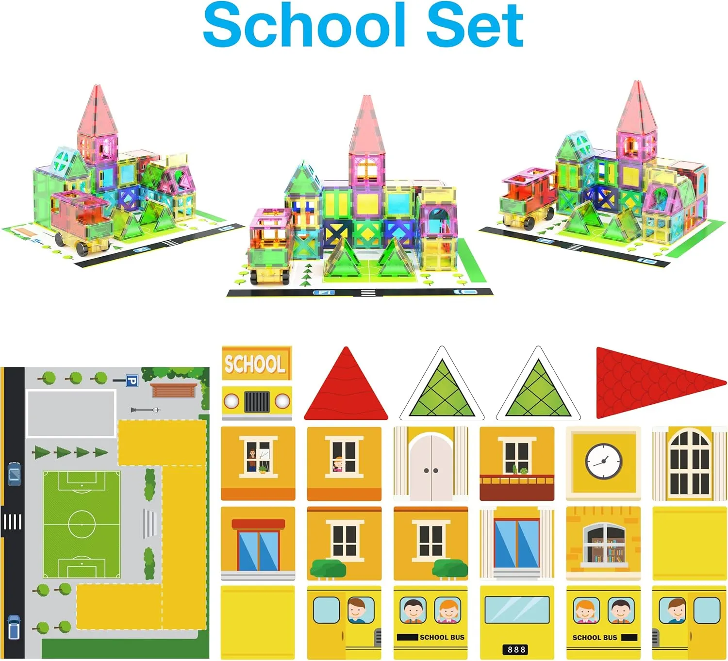PicassoTiles 3-in-1 Theme Set School Hospital Police Station Magnet Self Adhesive Backing Stick-On Sheet Combo w/Car Magnet Building Block Playset STEM Learning Construction Brain Development Kit