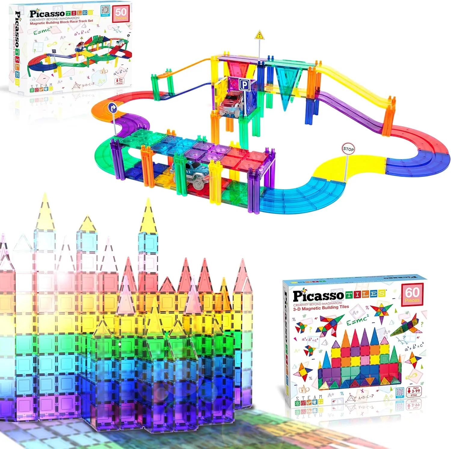 PicassoTiles 50PC Magnetic Race Car Track   60PC Magnet Tiles, Fun & Creative Playset: STEAM Learning, Enhance Construction Skills, Hand-Eye Coordination and Fine Motor Skills, Gift for Boys and Girls