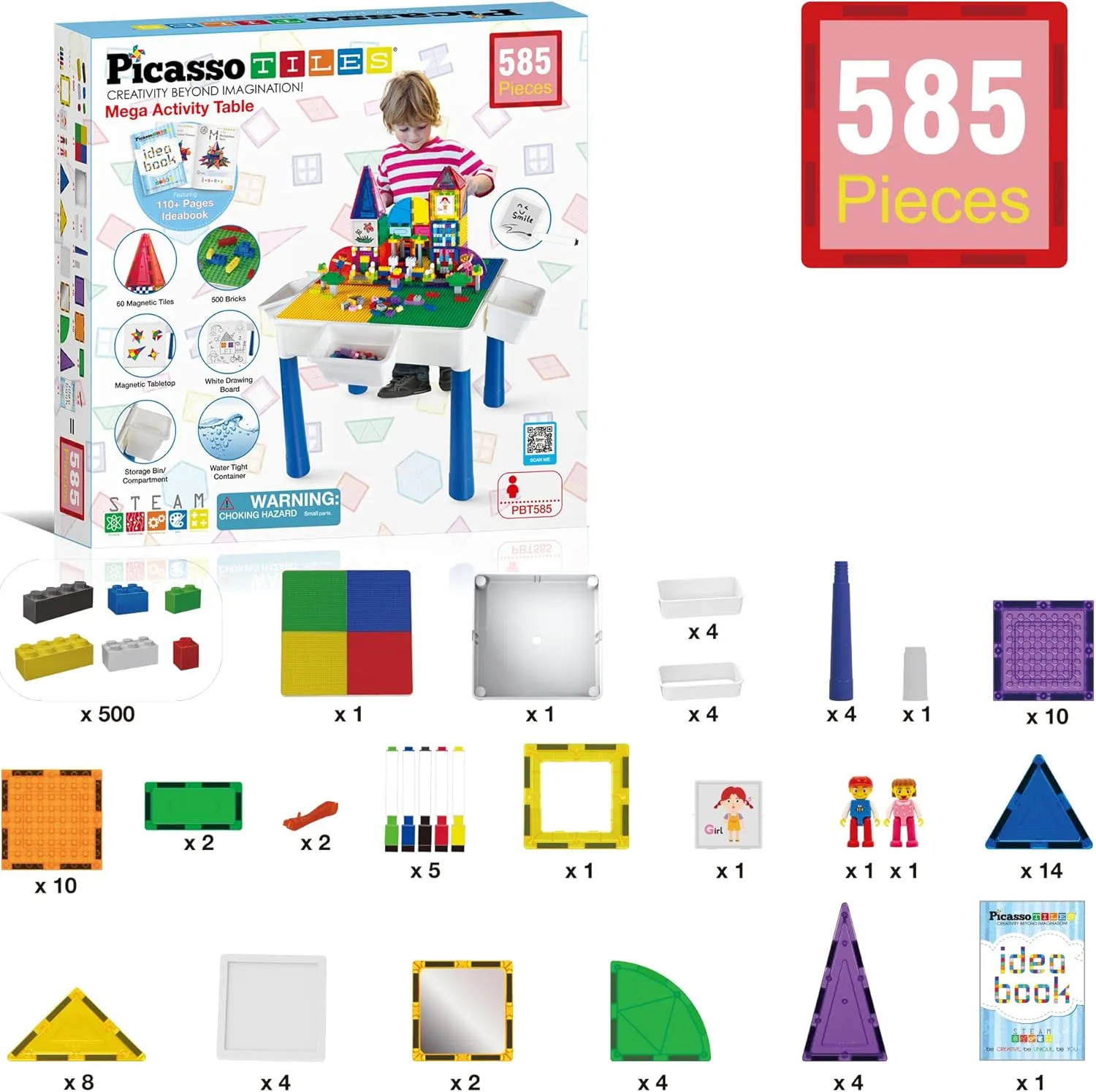 PicassoTiles 585pc Kids Activity Table with Magnetic Tiles and Bricks STEM Pretend Play Learning with Reversible Brick Whiteboard Tabletop Storage Bins and Extra Add-On Toys Boys Girls Ages 3  PBT585