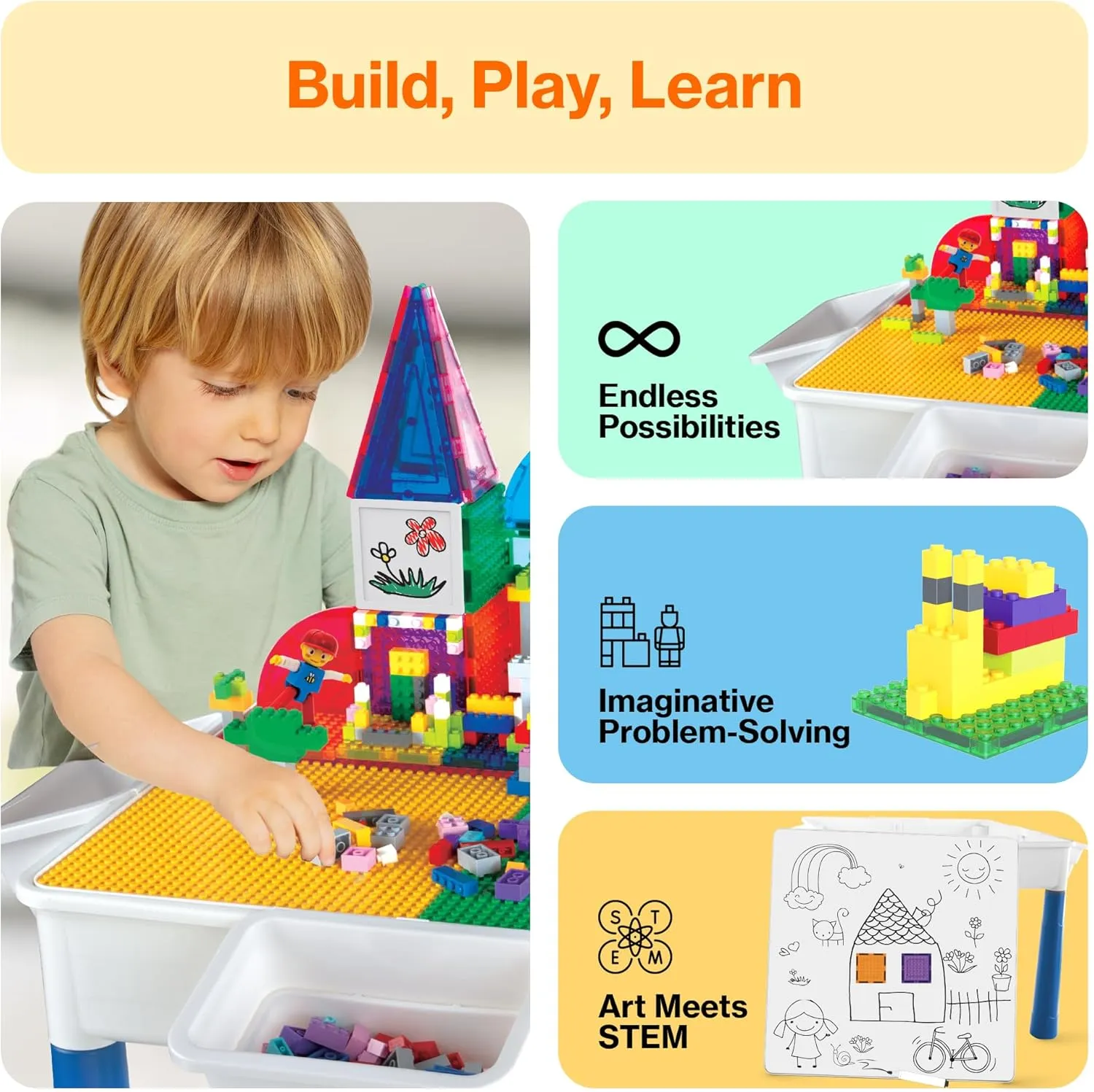PicassoTiles 585pc Kids Activity Table with Magnetic Tiles and Bricks STEM Pretend Play Learning with Reversible Brick Whiteboard Tabletop Storage Bins and Extra Add-On Toys Boys Girls Ages 3  PBT585