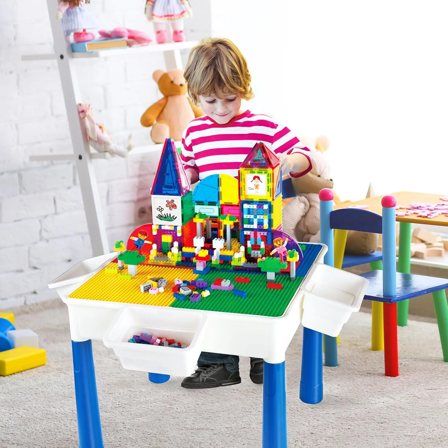 PicassoTiles 585pc Kids Activity Table with Magnetic Tiles and Bricks STEM Pretend Play Learning with Reversible Brick Whiteboard Tabletop Storage Bins and Extra Add-On Toys Boys Girls Ages 3  PBT585
