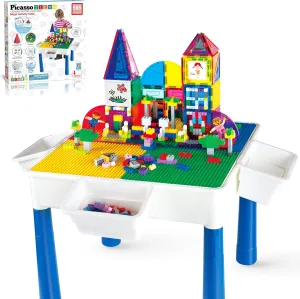 PicassoTiles 585pc Kids Activity Table with Magnetic Tiles and Bricks STEM Pretend Play Learning with Reversible Brick Whiteboard Tabletop Storage Bins and Extra Add-On Toys Boys Girls Ages 3  PBT585