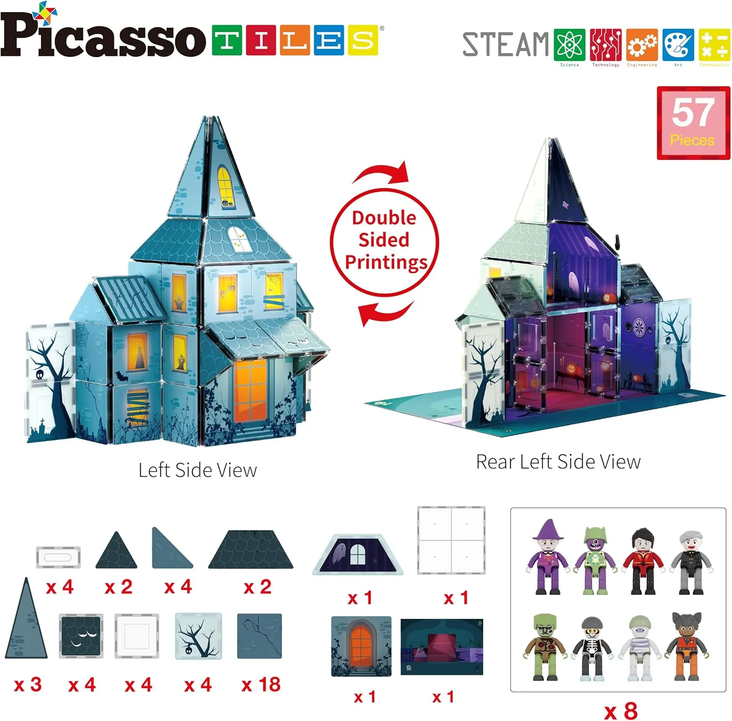 PicassoTiles Haunted House Theme Magnet Tile Building Blocks 8 Action Figures Magnetic Construction Toy Double Sided Printing Education STEM Learning Playset Halloween Adventure Kid Ages 3  PTQ03
