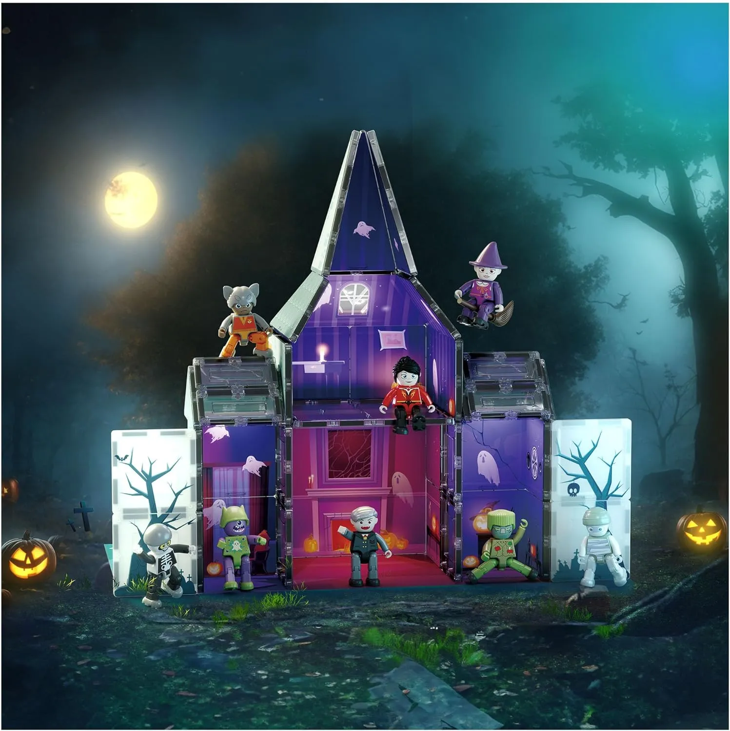 PicassoTiles Haunted House Theme Magnet Tile Building Blocks 8 Action Figures Magnetic Construction Toy Double Sided Printing Education STEM Learning Playset Halloween Adventure Kid Ages 3  PTQ03