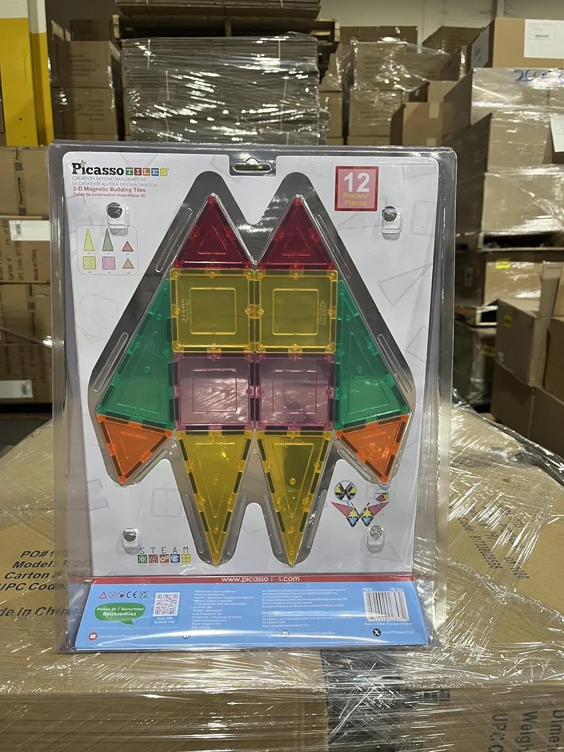 PicassoTiles Magnet Tile Building Block Set Magnetic Construction Square Triangle Tiles Toy Kit Sparking Creativity Geometric Shapes STEM Educational Learning Brain Development Kids Ages 3  PB12
