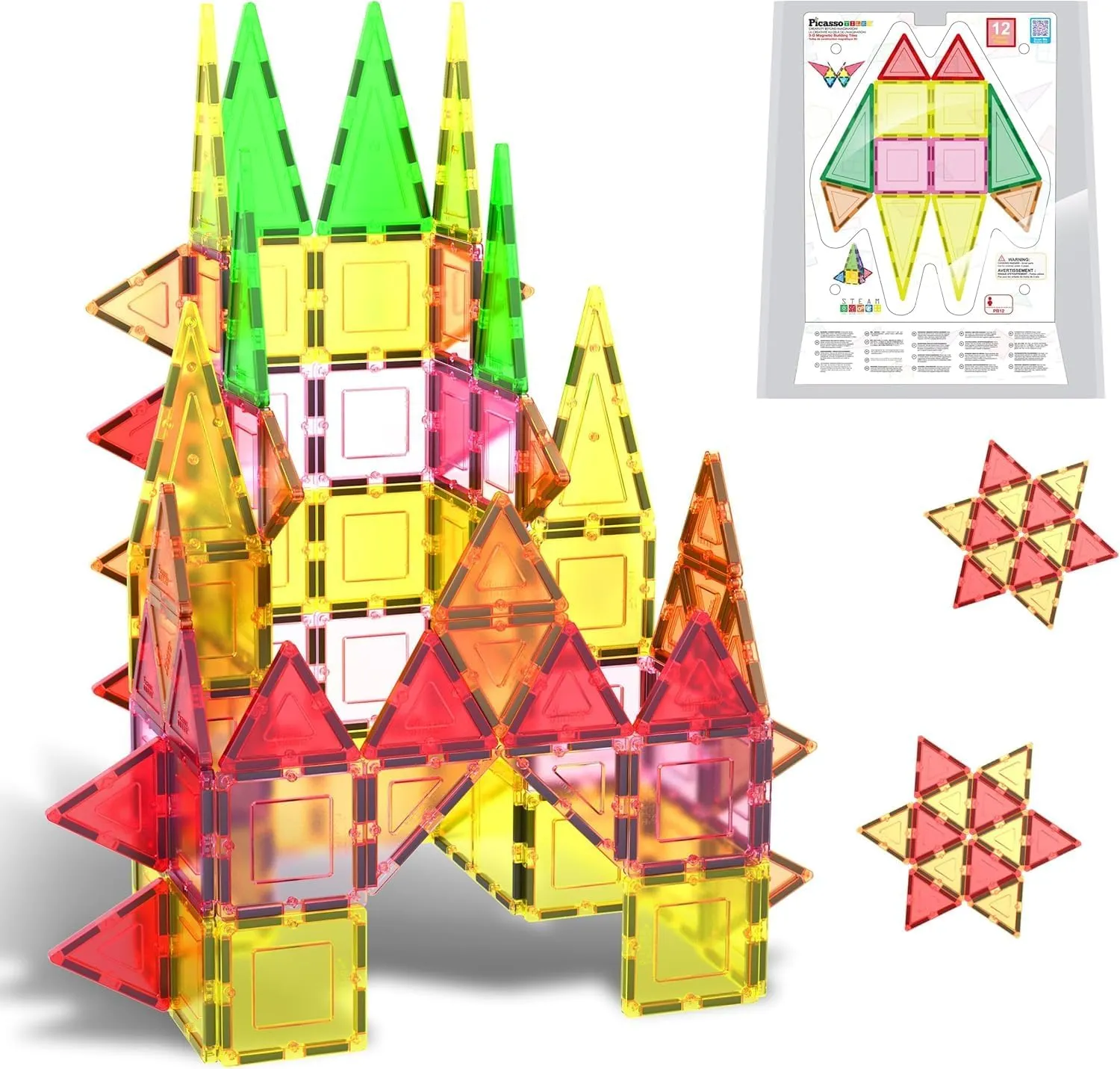 PicassoTiles Magnet Tile Building Block Set Magnetic Construction Square Triangle Tiles Toy Kit Sparking Creativity Geometric Shapes STEM Educational Learning Brain Development Kids Ages 3  PB12
