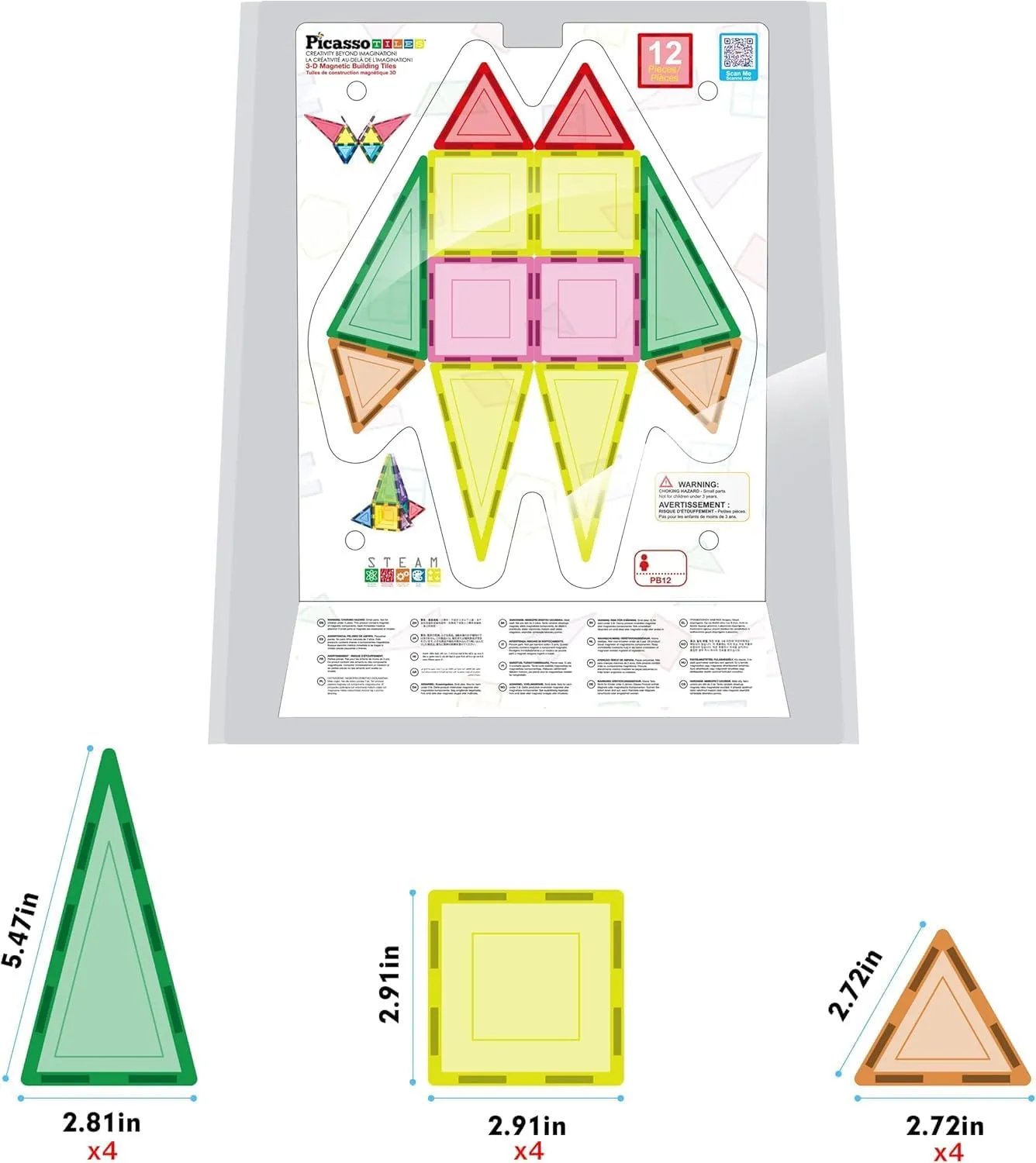 PicassoTiles Magnet Tile Building Block Set Magnetic Construction Square Triangle Tiles Toy Kit Sparking Creativity Geometric Shapes STEM Educational Learning Brain Development Kids Ages 3  PB12