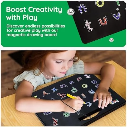 PicassoTiles 2-in-1 Magnetic Drawing Board Toy 12x10 inch Large Magnet Bead Tablet Pad with 2 Facings Alphabet STEM Free Style Educational Erasable & Reusable Learning Writing Playboard in Black PTB04