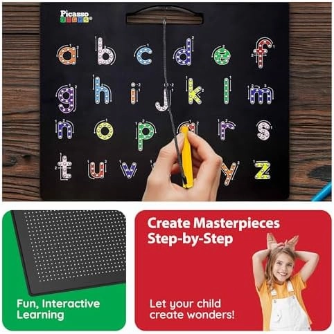 PicassoTiles 2-in-1 Magnetic Drawing Board Toy 12x10 inch Large Magnet Bead Tablet Pad with 2 Facings Alphabet STEM Free Style Educational Erasable & Reusable Learning Writing Playboard in Black PTB04