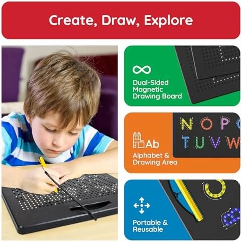 PicassoTiles 2-in-1 Magnetic Drawing Board Toy 12x10 inch Large Magnet Bead Tablet Pad with 2 Facings Alphabet STEM Free Style Educational Erasable & Reusable Learning Writing Playboard in Black PTB04