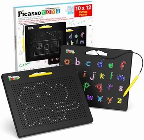 PicassoTiles 2-in-1 Magnetic Drawing Board Toy 12x10 inch Large Magnet Bead Tablet Pad with 2 Facings Alphabet STEM Free Style Educational Erasable & Reusable Learning Writing Playboard in Black PTB04