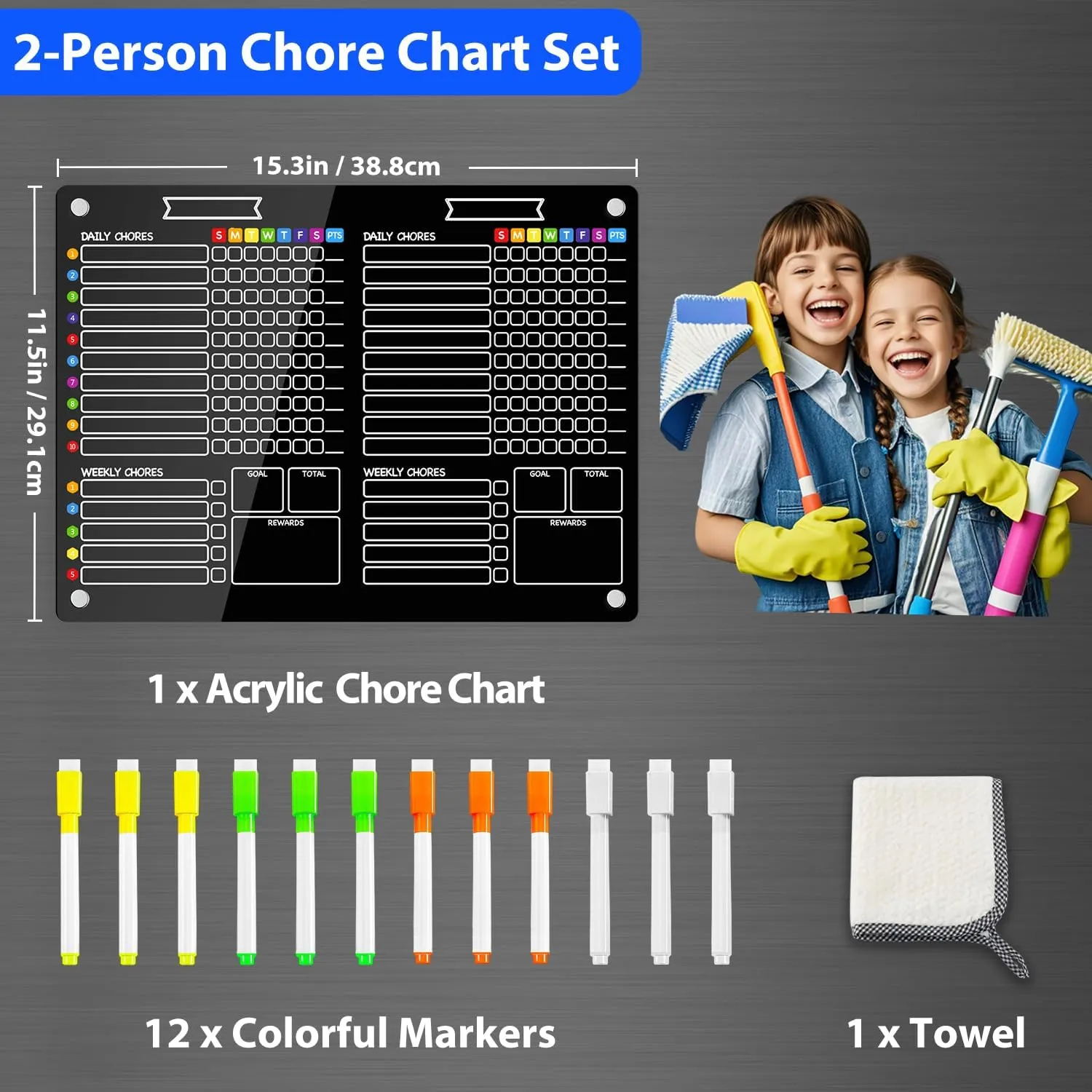PigPotParty 2-in-1 Black Acrylic Magnetic Chore Chart for 2 Kids Couples Roommates, 11"x15" Clear Dry/Wet Erase Chore List for White Fridge, Weekly Reward Responsibility Chart, 12 Markers & 1 Towel